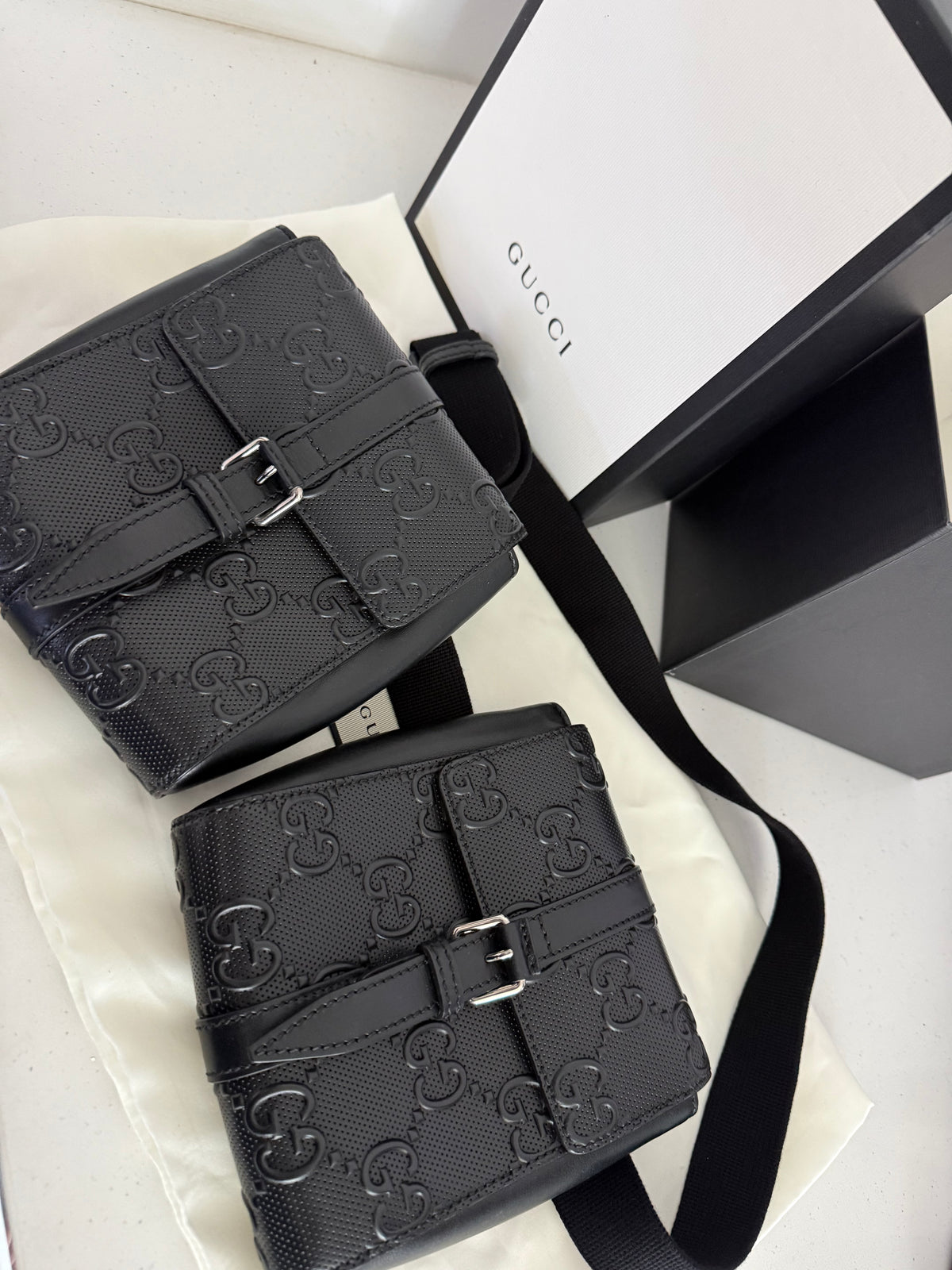 Gucci GG Embossed Perforated Double Belt Bag